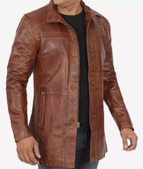 Men's Tall Cognac Waxed Premium Leather Car Coat