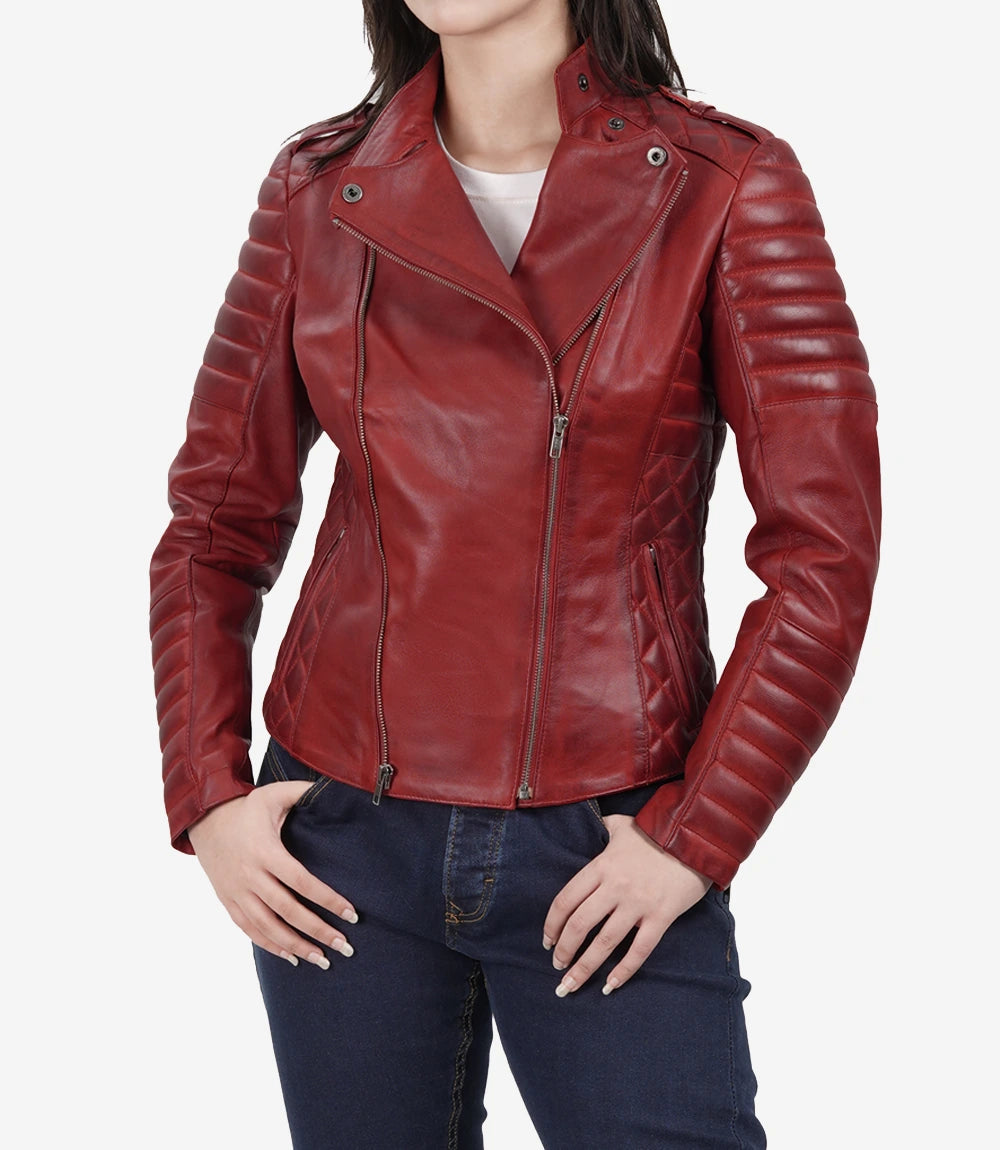 Red Garnet Glide Women's Chic Asymmetrical Leather Jacket