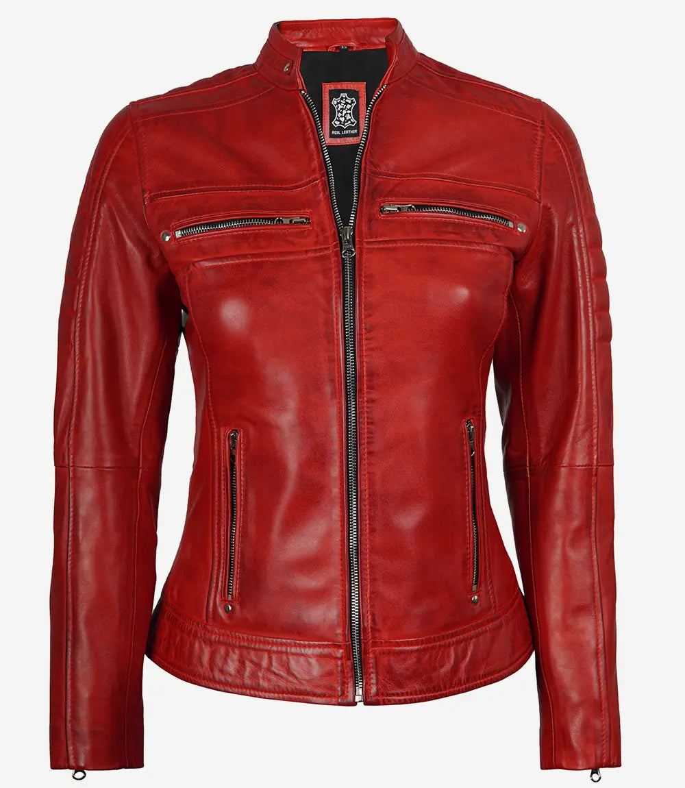 Women Cut Firefly Red Classic Racer Leather Jacket