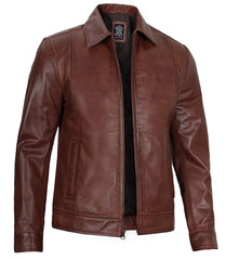 Men's Tall Brown Leather Jacket - Harrington Style