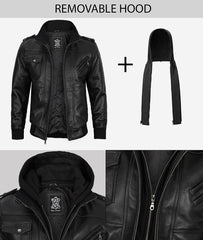 Men's Black Leather Bomber with a Fully Removable Hood
