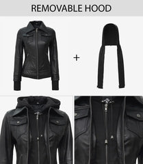 Women's Tall Black Bomber Leather Jacket with Detachable Hood