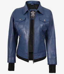 Women's Blue Leather Bomber Jacket with Hood