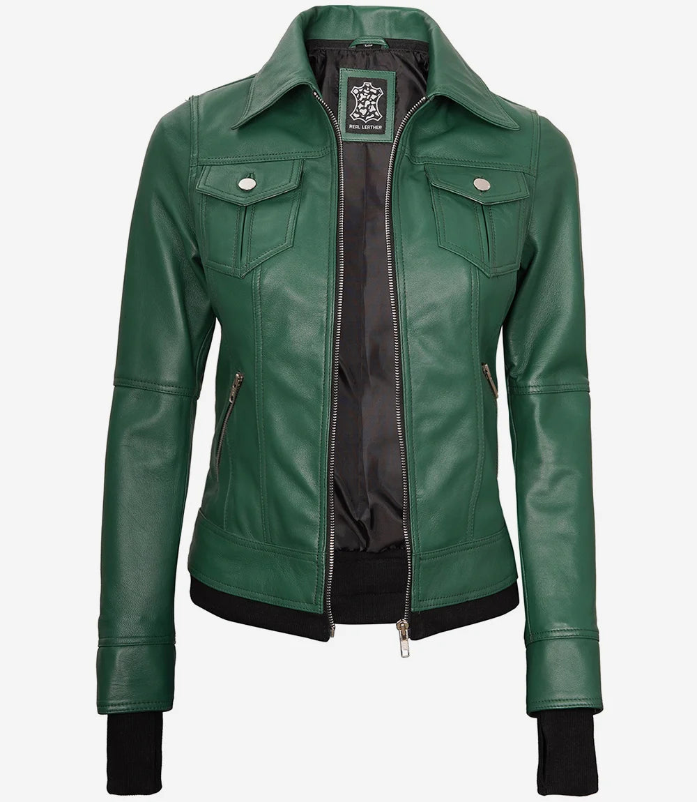 Essence Women Green Bomber Leather Jacket with Hood