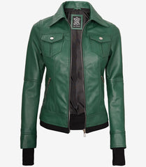 Essence Women Green Bomber Leather Jacket with Hood