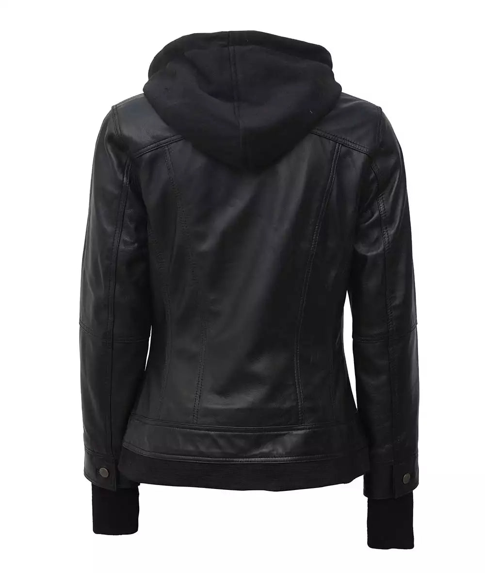 Essence Women Black Bomber Leather Jacket with Hood