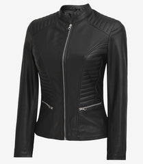 Women's Petite Black Leather Jacket in Biker Style