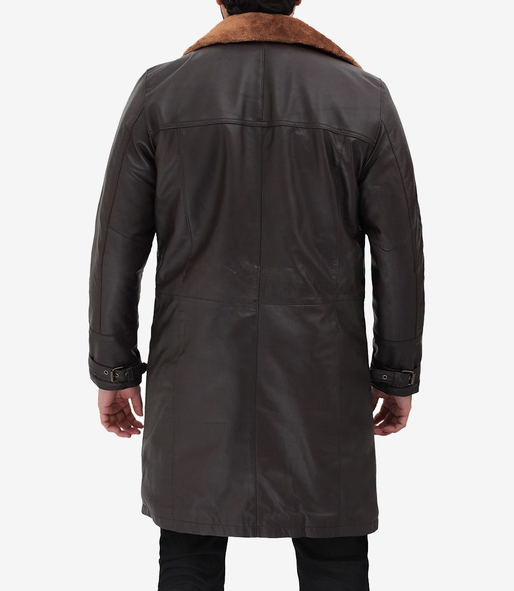Mens Classic Brown Leather Coat with Shearling Lining and Fur Trim