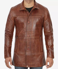 Men's Tall Cognac Waxed Premium Leather Car Coat