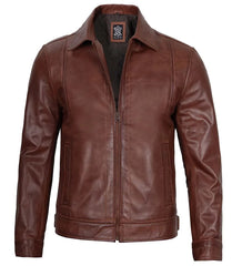 Men's Tall Brown Leather Jacket - Harrington Style