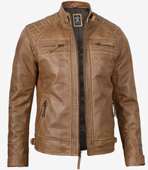 Men's Tall Camel Brown Quilted Leather Jacket - Biker Style