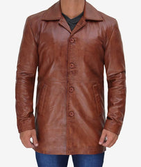 Men's Tall Cognac Waxed Leather Car Coat in 3/4 Length