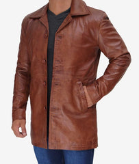 Men's Tall Cognac Waxed Leather Car Coat in 3/4 Length