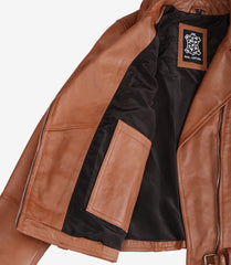 Women's Tan Leather Biker Jacket with Asymmetrical Cut and Belted Waist