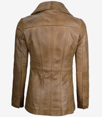 Women's Camel Brown Leather Blazer with Three Buttons