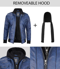 Men's Blue Waxed Bomber Jacket with Removable Hood