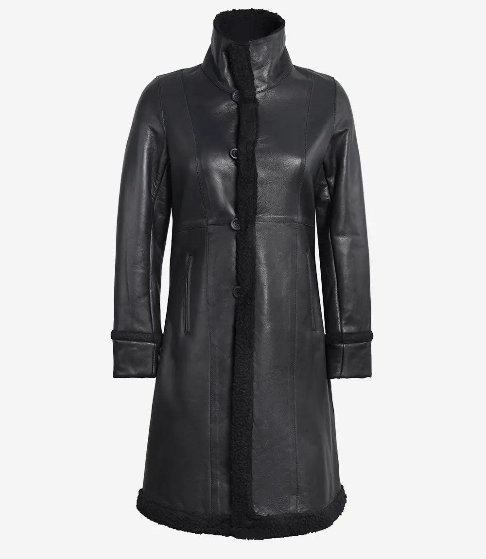 Women's Black Leather Shearling Coat – 3/4 Length Classic Fit