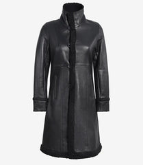 Women's Black Real Leather Shearling Coat in 3/4 Length