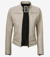 Dodge Women's Beige Leather Jacket in Biker Style