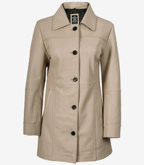 Women's Beige Lambskin Leather Coat 3/4 Length