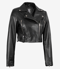 Women's Black Cropped Leather Jacket with Asymmetrical Biker Style