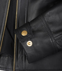 Women's Real Leather Black Biker Jacket with Golden Details