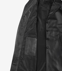 Women's Long Black Leather Car Coat with Notch Lapel