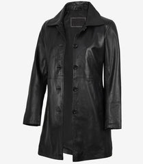 Women's Real Leather Black Car Coat in 3/4 Length