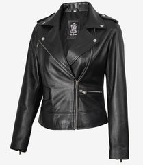 Amber Women's Black Leather Biker Jacket with Asymmetrical Front