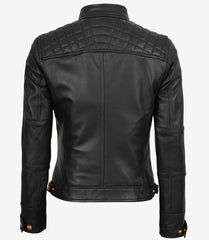 Women's Real Leather Black Biker Jacket with Golden Details