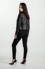 Amber Women's Black Leather Biker Jacket with Asymmetrical Front