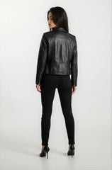 Amber Women's Black Leather Biker Jacket with Asymmetrical Front