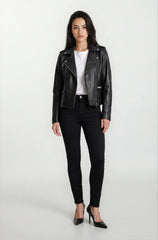 Amber Women's Black Leather Biker Jacket with Asymmetrical Front