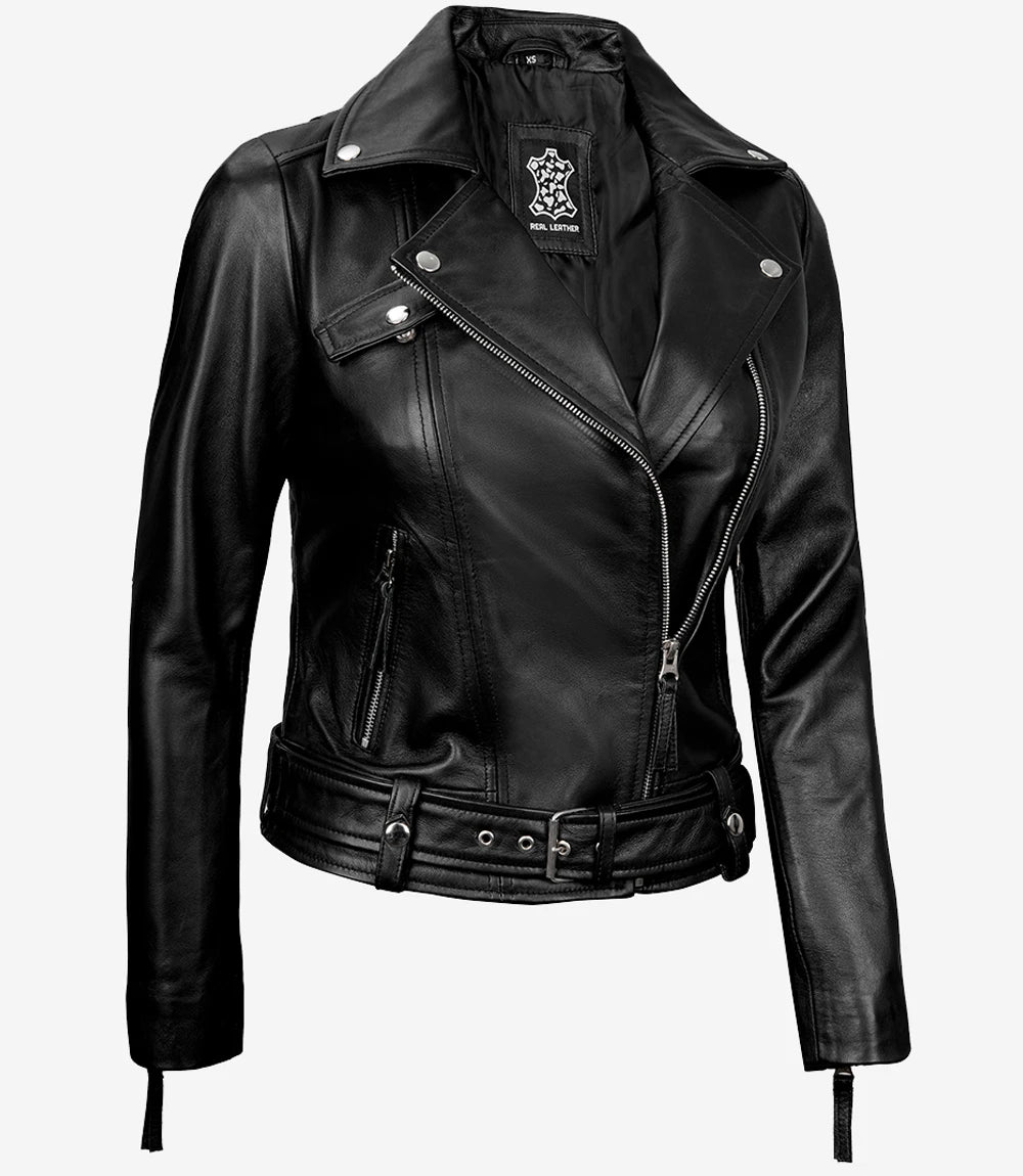 Ride-Ready Women's Black Leather Motorcycle Jacket – Crossover Zip