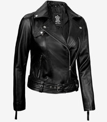 Ride-Ready Women's Black Leather Motorcycle Jacket – Crossover Zip