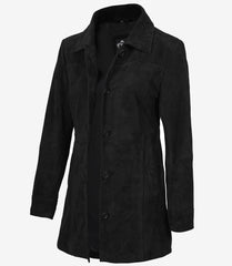 Women's Black Suede Coat with Button-Down Front