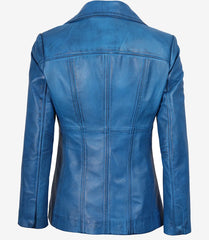 Women's Blue Waxed Leather Coat with Three Buttons