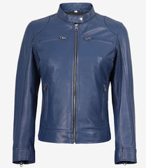 Women's Blue Leather Biker Jacket - Modern Fit