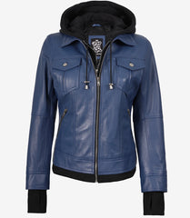 Women's Blue Leather Bomber Jacket with Hood