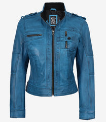 Women's Blue Waxed Lambskin Leather Jacket in Biker Style