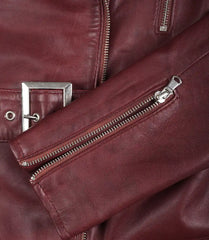 Women's Maroon Leather Biker Jacket with Asymmetrical Belted Front