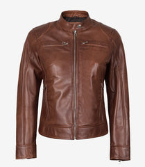 Women's Cognac Waxed Real Leather Jacket in Biker Style