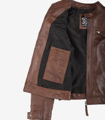 Women's Cognac Leather Biker Jacket with Quilted Shoulder Accents