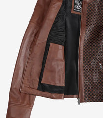 Women's Cognac Textured Real Leather Jacket - Biker Style