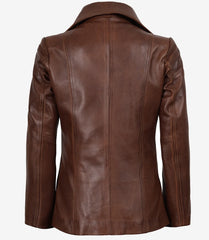 Women's Cognac Real Leather Blazer with Two Buttons and Notch Lapel