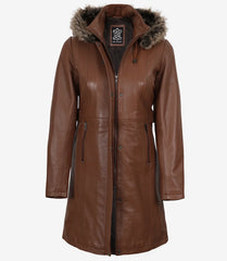 Women's Brown Real Leather Coat with Fur-Trimmed Detachable Hood