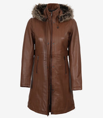 Women's Brown Real Leather Coat with Fur-Trimmed Detachable Hood