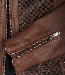 Women's Cognac Textured Real Leather Jacket - Biker Style