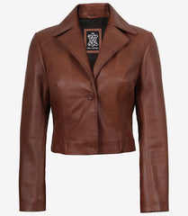 Women's Cognac Cropped Leather Jacket with Single Button