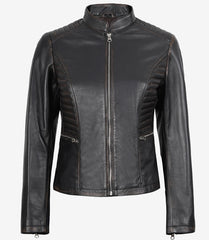 Women's Distressed Brown Leather Jacket in Biker Style